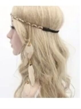 Boho Gold Chain Headpiece with Cream Feather Drops